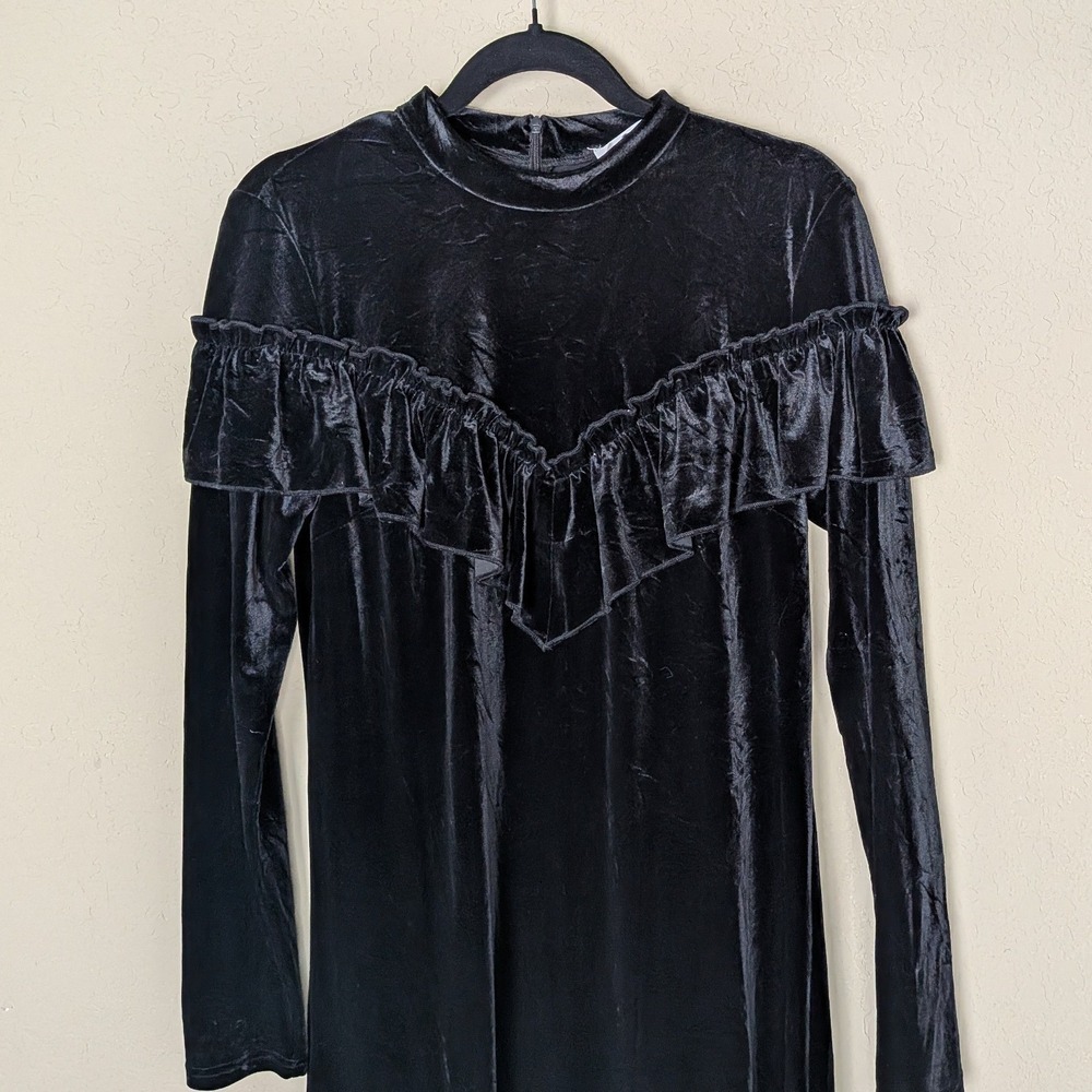 Gestuz Black Velvet Ruffle Long Sleeve Dress Sz M Whimsigoth Goth Witchy 90s Y2K - Picture 2 of 8